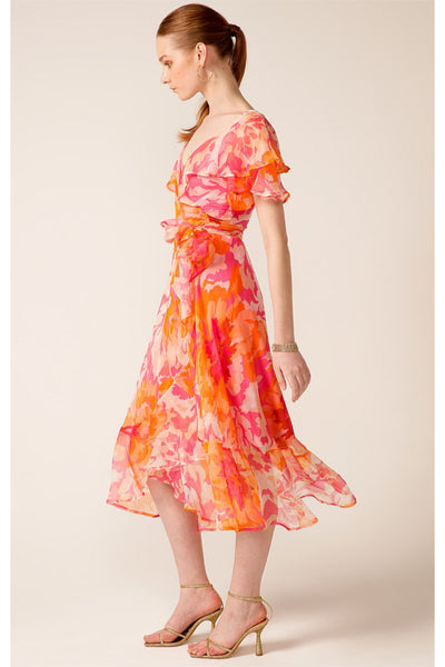 Windfall Wrap Midi Dress - Pink Orange Flower