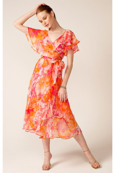 Windfall Wrap Midi Dress - Pink Orange Flower
