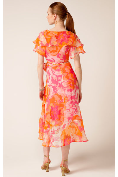 Windfall Wrap Midi Dress - Pink Orange Flower