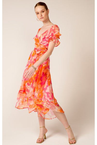 Windfall Wrap Midi Dress - Pink Orange Flower