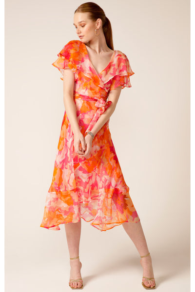 Windfall Wrap Midi Dress - Pink Orange Flower