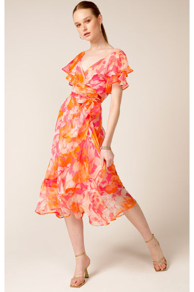 Windfall Wrap Midi Dress - Pink Orange Flower