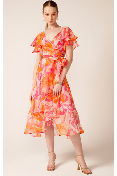 Windfall Wrap Midi Dress - Pink Orange Flower