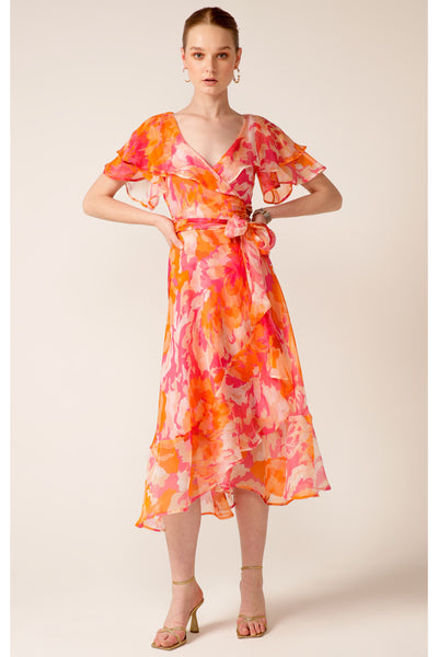 Windfall Wrap Midi Dress - Pink Orange Flower