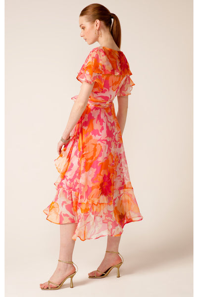 Windfall Wrap Midi Dress - Pink Orange Flower