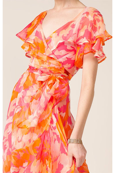 Windfall Wrap Midi Dress - Pink Orange Flower