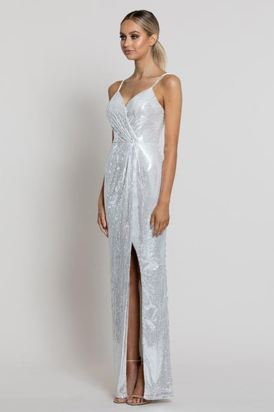 Emille Jersey Sequin Gown - White/Silver