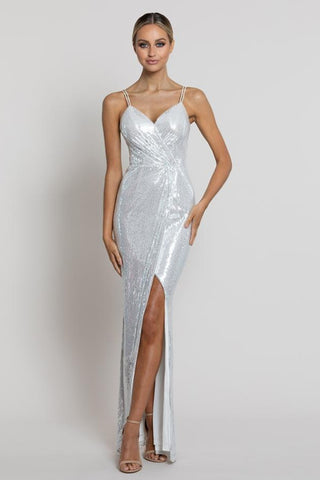 Emille Jersey Sequin Gown - White/Silver