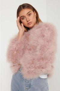Buy Elliatt Province Feather Jacker in Rose online at Smoke and Mirrors Boutique. Blush Pink Long Sleeved Natural feather jacket with high neck. 