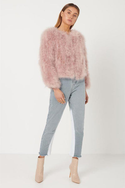 Buy Elliatt Province Feather Jacker in Rose online at Smoke and Mirrors Boutique. Blush Pink Long Sleeved Natural feather jacket with high neck. 