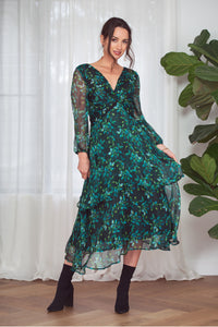 Smoke and Mirrors Kamare Collective Paton Midi Dress Emerald Green Mother of the Bride or Groom Cocktail Dress with Sleeves.