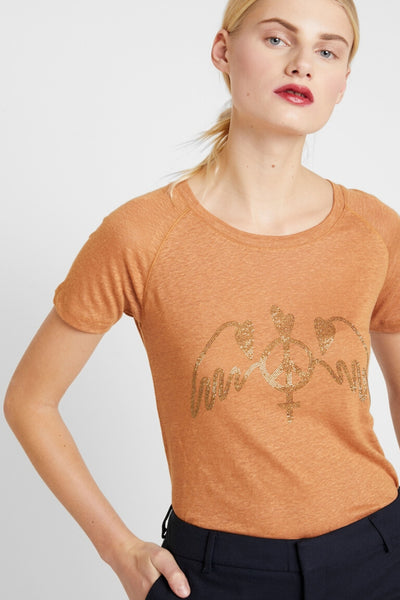 Mos Mosh Mag Linen Tee in Bran. Slim Fit t-shirt in terracotta/bronze colour with bronze crystal appliqued peace wings to front bust. Short Sleeves.