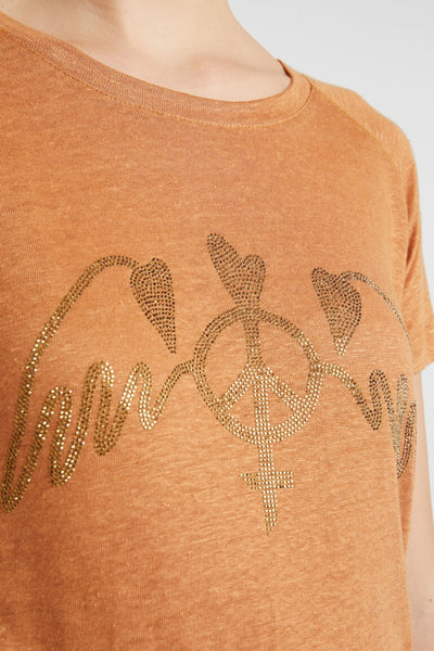  Mos Mosh Mag Linen Tee in Bran. Slim Fit t-shirt in terracotta/bronze colour with bronze crystal appliqued peace wings to front bust. Short Sleeves.