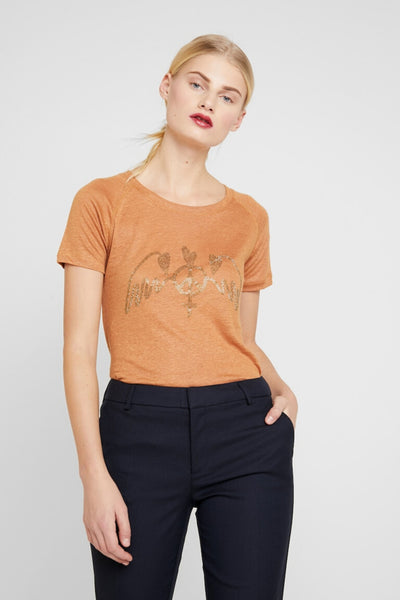  Mos Mosh Mag Linen Tee in Bran. Slim Fit t-shirt in terracotta/bronze colour with bronze crystal appliqued peace wings to front bust. Short Sleeves.