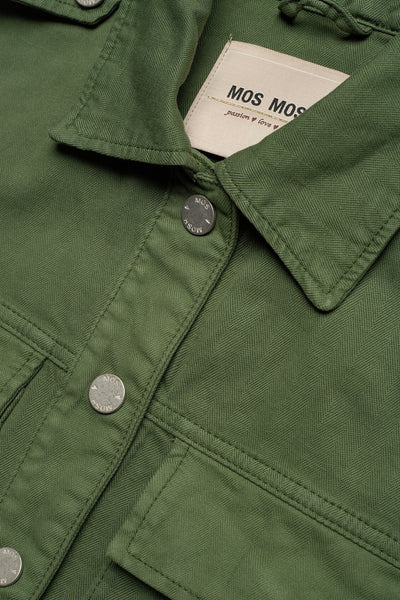 Mos Mosh Blaire Herringbone Jacket in Union Green. Khaki Green Denim Jacket with Boyfriend Fit. Double Breasted Pockets and silver hardware. 