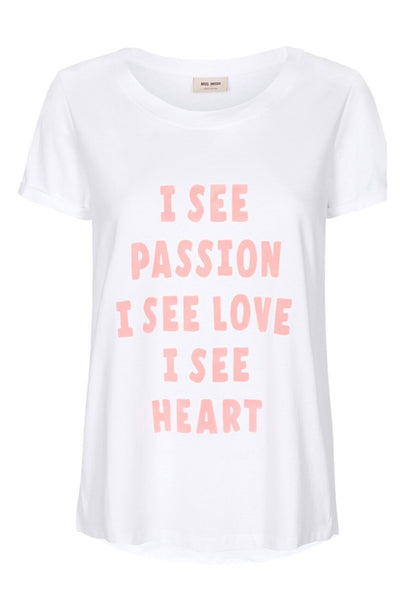 Mos Mosh Australia Isee Flock Tee. White t-Shirt with quote I see passion, I see love, I see heart on front in pink.