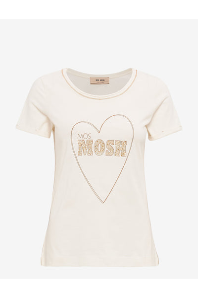 Shop Mos Mosh Australia Nikki Embroidered Tee online now. Cream based cotton t-shirt with brown thread heart embroidery and logo with crystals.