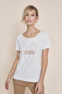Shop Mos Mosh Australia Nikki Embroidered Tee online now. Cream based cotton t-shirt with brown thread heart embroidery and logo with crystals.