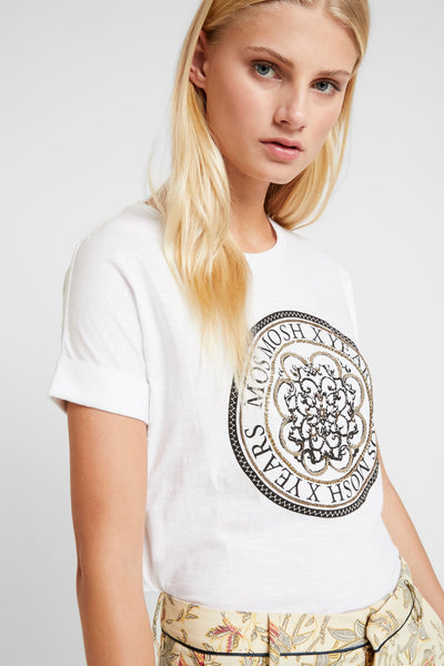 Buy Mos Mosh Yara Anniversary T-Shirt online at Smoke and Mirrors Boutique. White cotton boyfriend cut t-shirt with black and gold embellishment on front.