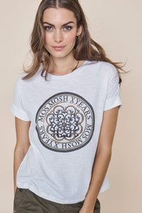 Buy Mos Mosh Yara Anniversary T-Shirt online at Smoke and Mirrors Boutique. White cotton boyfriend cut t-shirt with black and gold embellishment on front.
