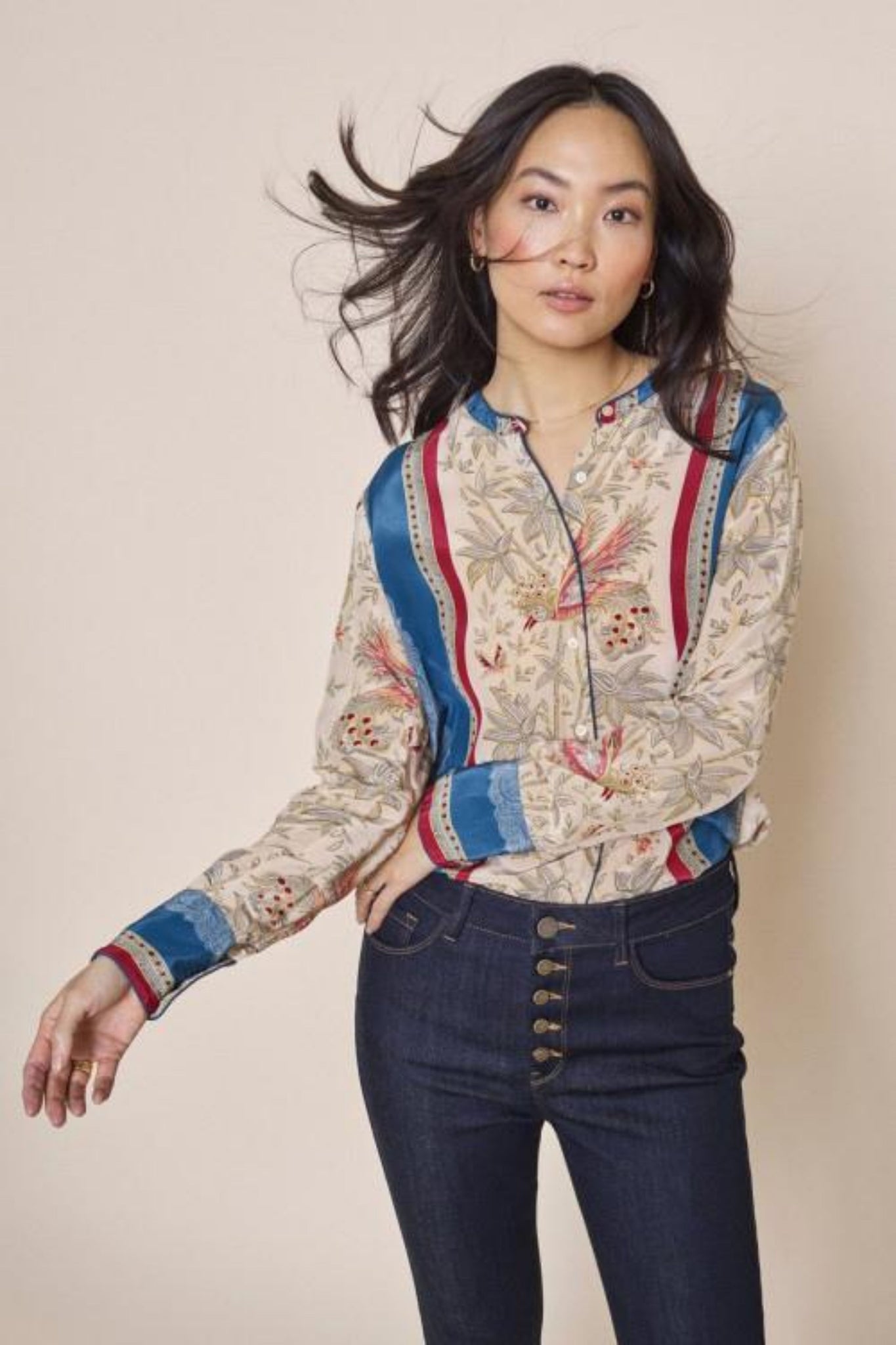 Buy Mos Mosh Talisa Bird Shirt online Australia. Beige Based button through blouse with royal blue and red stripes.