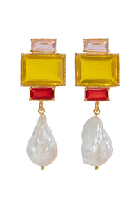 Carter Crystal Pearl Drop Event Earrings - Orange Yellow