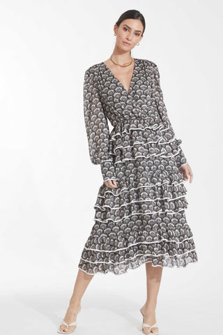 Solstice Tiered Midi Dress - Art Deco Print