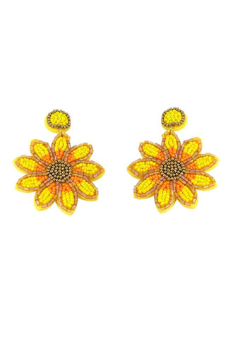 Hand Beaded Sunflower Earrings - Orange