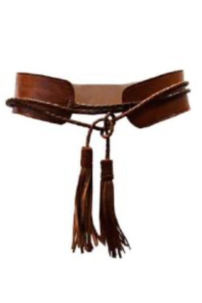 Leather Tassel Tie Belt - Tan