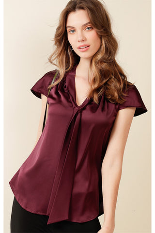 GPO Loose Fit Tie Neck Blouse - Black Cherry