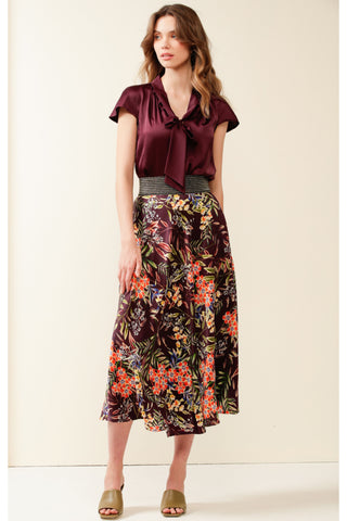 Roma St Park Elasticated Waist Midi Skirt - Aubergine Orange Floral