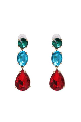 Sarah Trio Crystal Drop Earrings - Green Blue Red