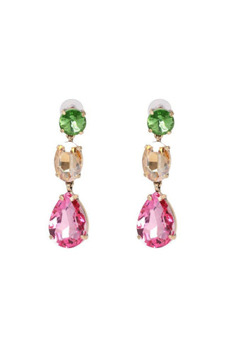 Sarah Trio Crystal Drop Earrings - Green Champagne Pink