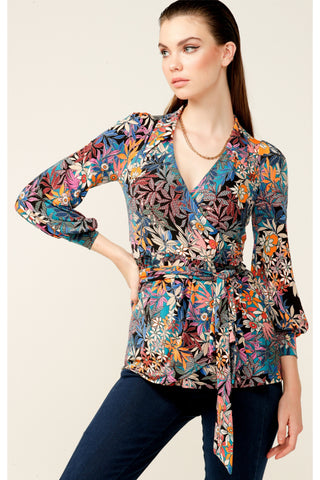 Soul Station Wrap Tunic Top - Black Orange Retro Floral